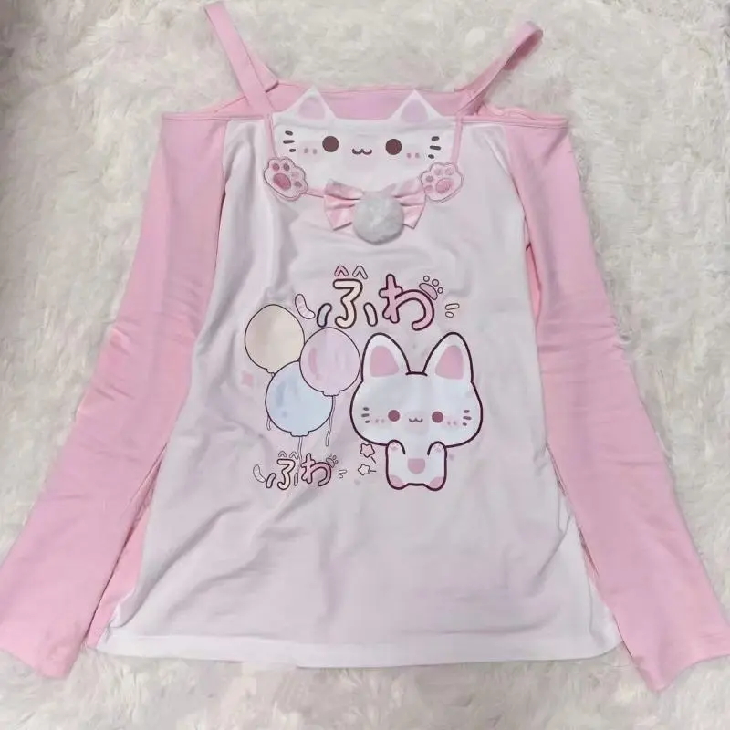 Sweet Japanese T-shirts Women's Clothing Pink Butterfly Patchwork Lace Slash Neck Tees Anime Print Off Shoulder Cute Y2k Tops
