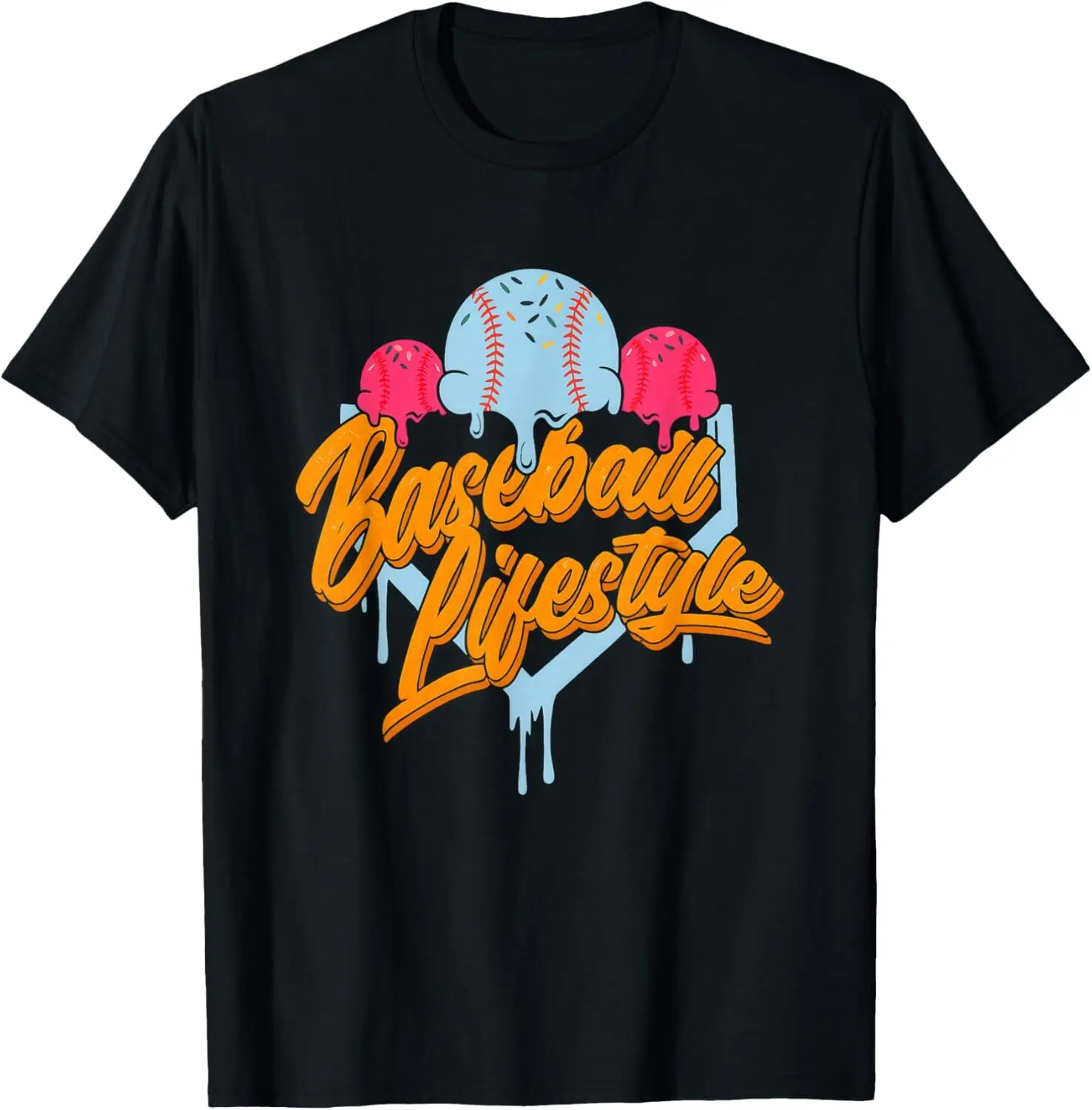 Baseball Lifestyle Home Plate Ice Cream Drip Men Boys T-Shirt Cotton Fabric
