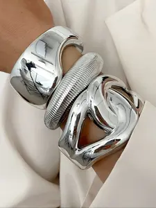 Elegant Punk Style Women's Bracelet Set, Includes Ccb Beaded Bracelets & Hollow Out CC Bangles, Perfect for Parties & Daily Wear