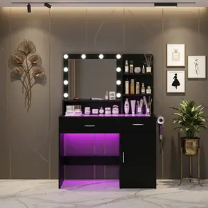 40" Black Makeup Vanity Desk With Glass Top LED Mirror 3 Light Modes Adjustable Brightness RGB Ambient Light Built-in Power Outlet USB Port Storage Drawers Modern Dressing Table Gift For Women Girls Bedroom Home Decor