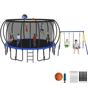 YORIN Trampoline with Swing Set, Trampoline Outdoor 8FT 10FT 12FT 14FT 15FT 16FT Trampoline for Kids Adults Recreational Backyard Trampoline with Basketball Hoop, Enclosure Net, Ladder & Wind Stakes, Anti-Rust Coating & Easy to Install Sports Family Durab