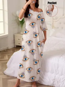 Women's Evil Eye Print Nightgown, Ethnic Style, Short Sleeve, Loose Fit, All Seasons, Casual Robe with Pockets, Comfortable Sleepwear Loungewear