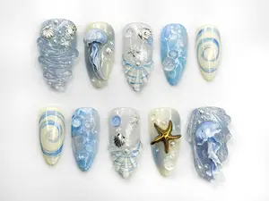Ocean Dream Jellyfish Press On Nails - Blue Sea Fantasy Nail Art Set - 3D Shell & Starfish Nails - Handmade Oceanic Nail Design