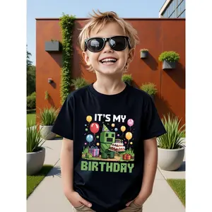Boys' "My Birthday" Theme Crew Neck T-Shirt - Comfortable And Durable Fabric, New Spring/Summer Short Sleeve | Versatile Style Suitable for Summer Leisure Outdoor Sports And Daily Play | Easy And Unique Theme T-Shirt, Breathable And Anti-Stuffy