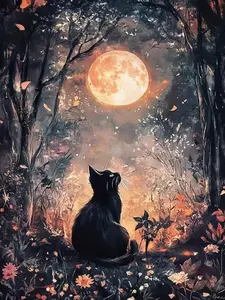 5D DIY Full Drill Diamond Painting Kit Black Cat Moonlit Forest Scenery Art Craft for Adults Home Wall Decor