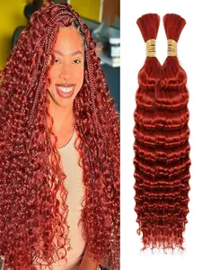 Human Braiding Hair 16-28 Inch 100g Ginger Deep Wave Human Hair Textured Afro Curly, Bulk Human Hair for Braiding, No Weft Curly Bundles, Boho Knotless Braids