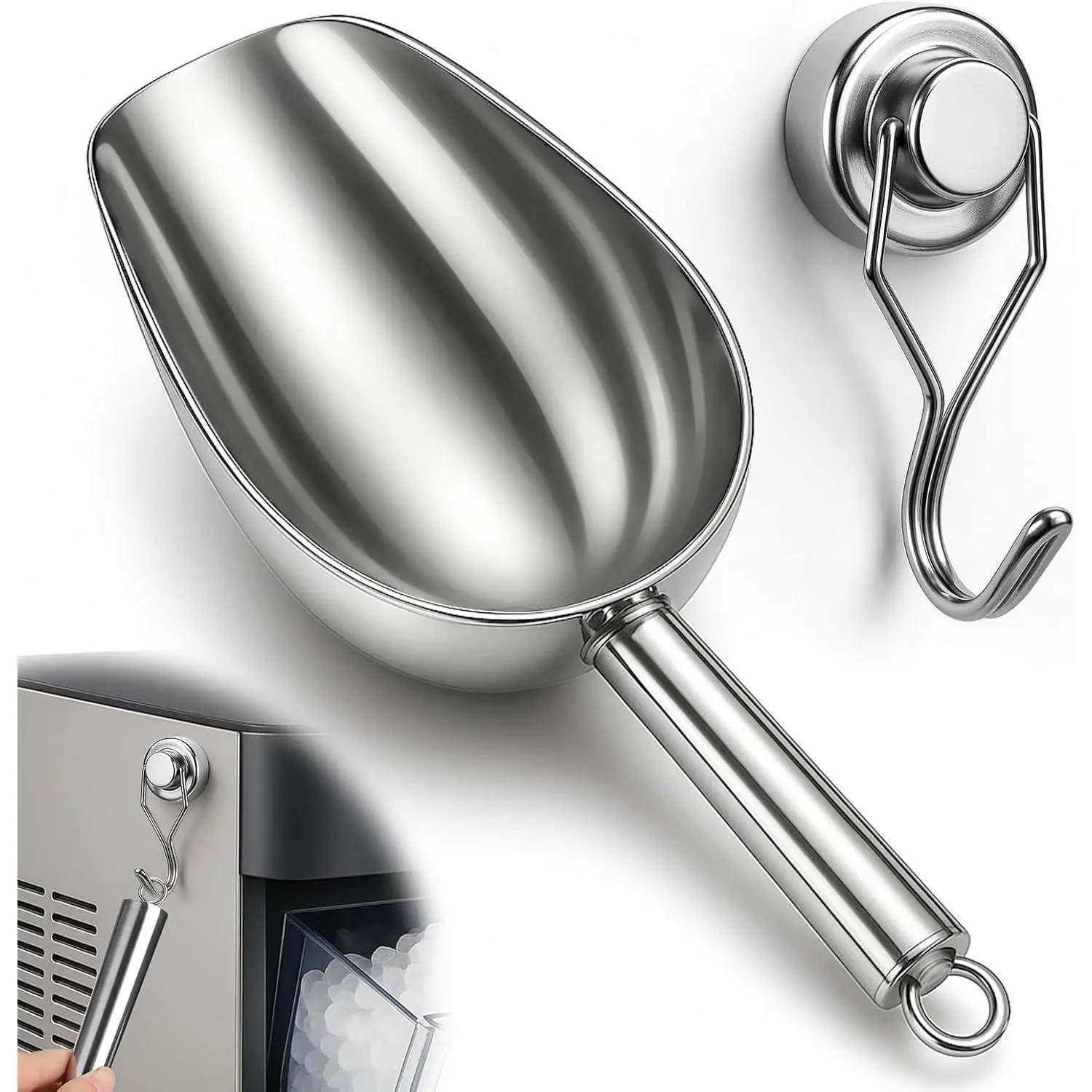 Stainless Steel Ice Scoop for Freezer with Magnetic Hook - Ice Scoop for GE Profile Opal 2.0 Nugget Ice Maker, for Kitchen Ice Bucket Bar Party Accessories
