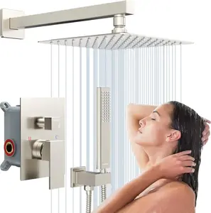 Rain Shower System Sets Faucet: EMBATHER 10 Inch Overhead Rainhead Shower Combo Set with Handheld and Valve-Luxury Modern Mixer Rainfall Brushed Nickel Shower Faucets Sets Completenology Co. Ltd. Guangdong Qi Bo sanitary Technology Co. Ltd.
