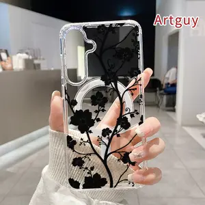 Magnetic Soft Case for  Samsung Galaxy S26 S23 Ultra S24 Plus FE S25 S22+ Black Floral Silhouette Pattern Anti-Yellowing Shockproof ultra-thin Silicone Crystal Transparent Acrylic Large Hole Cover Supports Wireless Charging