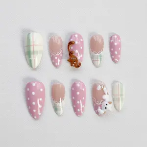 Pastel Cat Dessert 3D Press On Nails, Kawaii Cupcake Donut Macaron & Ice Cream Nail Art Set, Handmade Sweet Candy Faux for Birthday, Party