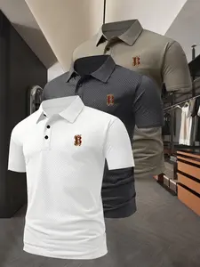 Men's 3-Piece Casual Stylish Golf Polo Shirt Set, Short Sleeve with Button Collar, Breathable Fabric for Summer Wear, Fitted Business Style, Polo Shirt Outfit