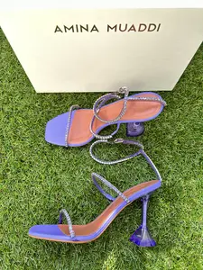 Amina Muaddi Gilda 95 Crystal Embellished Clear PVC  Plastic Heels Lilac Purple Open Toe