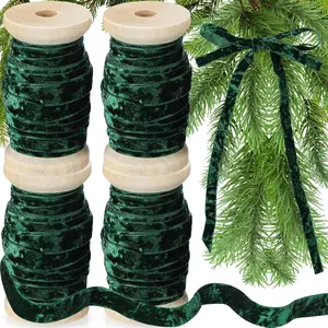 4 Roll 20 Yards Crushed  Ribbon Christmas  Wooden Spool  Ribbon for Christmas Tree Ornament  Wrapping Bow Wreath Flower Bouquet Craft Decoration(Forest Green,3/8 Inch)