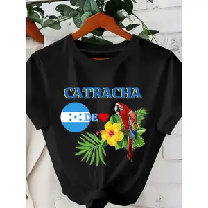 Women'S Casual Polyester T-Shirt with Honduras Flag & Parrot & Floral Print, Short Sleeve, Crew Neck, Regular Fit, All-Season Fashion Top
