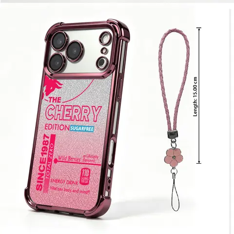 NganGee Glitter Energy Drink Style Crash-Proof PC+TPU Case for iPhone 18 Pro Max, Blue-Silver Gradient Transparent Shell with Wrist Strap Lanyard & Protective Button Covers - Compatible with iPhone 12/13/14/15/16/17 Pro Max Plus #YJYGSJDRB