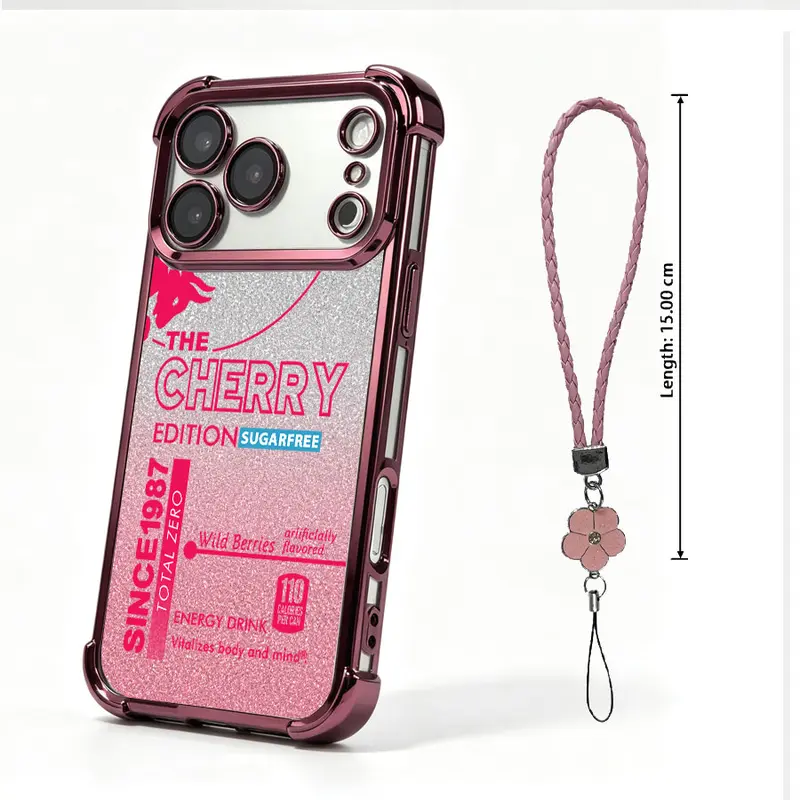 NganGee Glitter Energy Drink Style Crash-Proof PC+TPU Case for iPhone 18 Pro Max, Blue-Silver Gradient Transparent Shell with Wrist Strap Lanyard & Protective Button Covers - Compatible with iPhone 12/13/14/15/16/17 Pro Max Plus #YJYGSJDRB