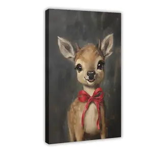 Clarice Rudolph Painting Reindeer Cute Print, Whimsical Deer Christmas, Red Bow Christmas Wall Art, Moody Vintage Poster, Rustic Artwork