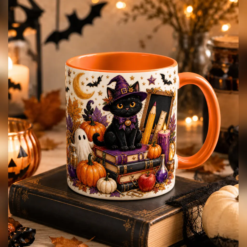 Personalized Halloween Mug, Custom Handle Ceramic Cup, 2D Printed 3D Effect Witch Cat Pumpkin Design, For Halloween Lovers Kids Women Men, Halloween Party Birthday Gift, Spooky Black Cat Keepsake