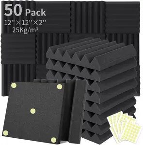 Soundproofing Focusound 6 Grooves 50 Packs Noise Reduction Foam Panels 2" x 12" x 12" with 300PCS Double-Side Adhesive. Noise-Cancelling Foam Panels optimize sound quality for room decoration, ideal for creators, streamers, and gamers. Room Accessories.