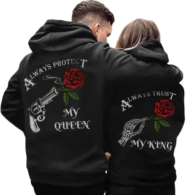 Couples Matching Hoodie, Streetwear Style King & Queen Printed Sweatshirt, Breathable Unisex Pullover for Anniversaries, Clothes