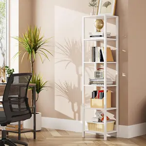 Bookshelf, 6-Tier Tall Book Shelf, Narrow Bookcase for Small Space, DIY Stackable Bookshelf, for Living Room, Office, Study, Entryway, Industrial, White BS01BW006