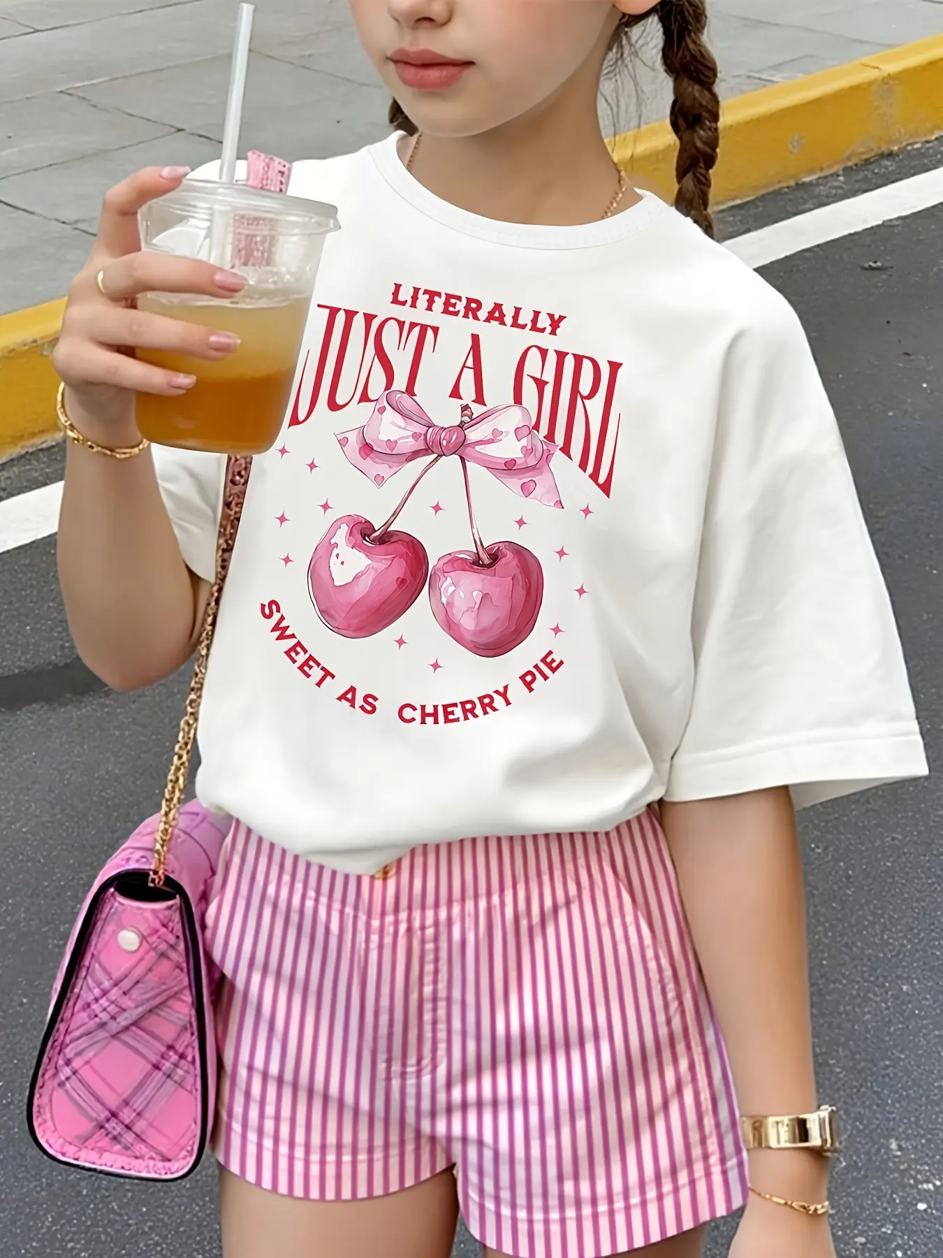 Girls' Cute Cherry Bow Graphic Printed T-Shirt - Kids Clothing Girls, Sweet As Cherry Pie Design, Soft Fabric Top, Graphic Printed Tees
