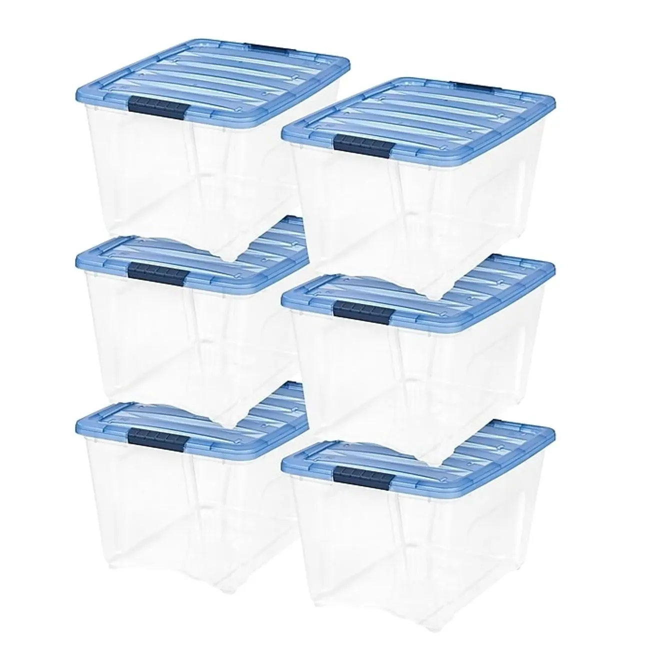 Iris Stack & Pull 12 Qt. Snap Lid Storage Boxes, Clear/Navy, 6/Carton (100306-CT)