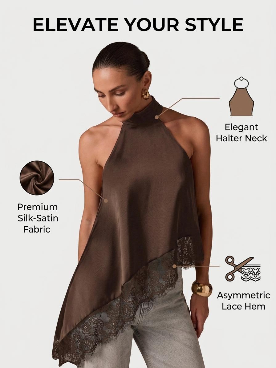 FEITAI Women's Satin Halter Top, Asymmetrical Hem with Lace Trim, Elegant Sleeveless Blouse for Daily