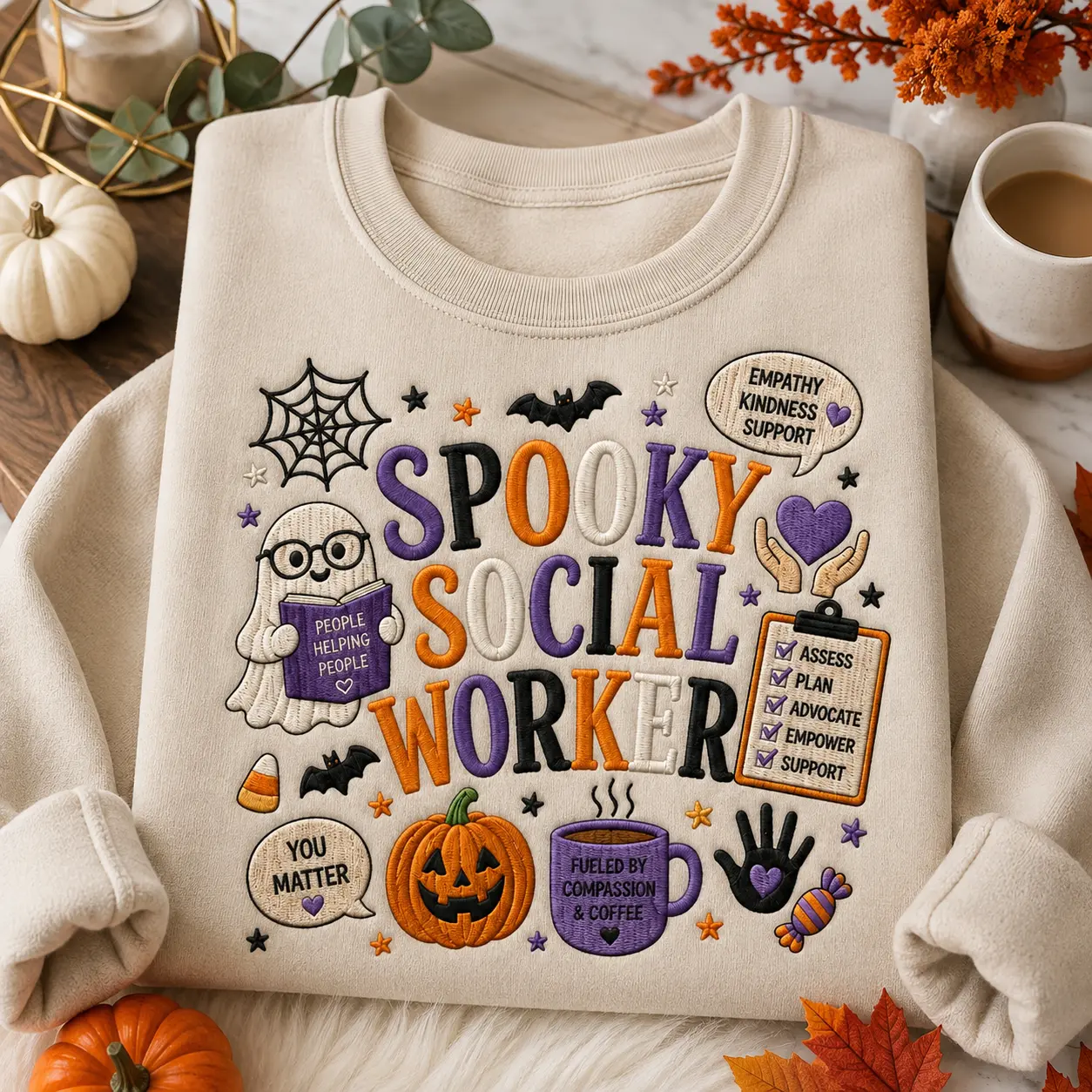 Embroidered Spooky Social Worker  Sweatshirt, Cute Ghost Pimpkin Halloween Sweatshirt, Social Work Embroidered Gift
