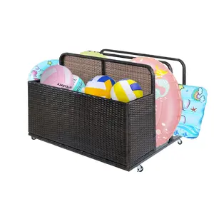 Gaomon Large-Size PE Rattan Poolside Float Storage Box - Waterproof Double-Layer Outdoor Accessory Caddy with Steel Frame, Compartments, Rolling Wheels for Patio, Deck
