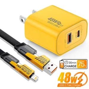 48W USB C Fast Charger Adapter for iPhone 16 15 14 13 12 Pro Max 4-in-1 QC3.0 PD 45W Data Cable for Samsung Xiaomi Wall Charger