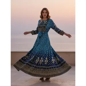【Maxi Dress】Blue Gradient Floral Print Boho Ethnic Elegant Maxi Dress Artistic for Women Oversize Dress