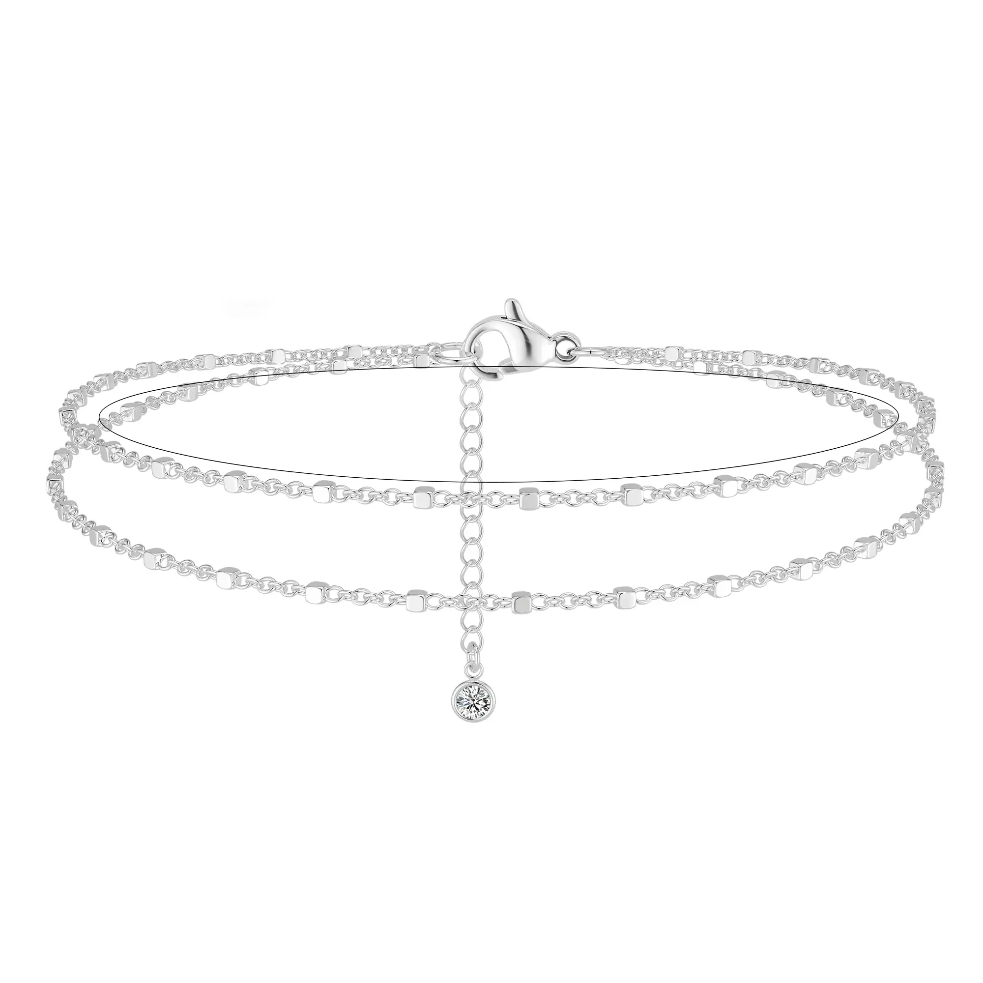 Moodear Silver Double Layer Anklet for Women Dainty 1.5mm Dot Square Chain Adjustable Non Tarnish Summer Foot Jewelry Gift