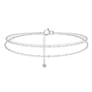 Moodear Silver Double Layer Anklet for Women Dainty 1.5mm Dot Square Chain Adjustable Non Tarnish Summer Foot Jewelry Gift