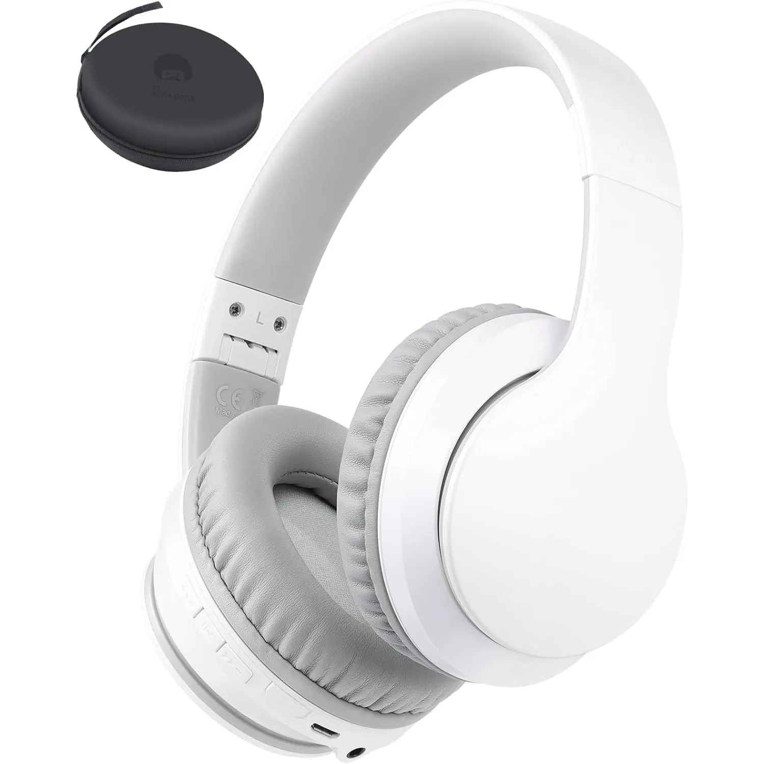 Folding Over-Ear Bluetooth Audio Headset with 5-Button Control, Built-in Mic, 3.5mm Wired-Wireless Dual Mode, Multi-Device Connectivity, Sound Isolation, Plastic Oval Design, Detachable Charging Cable, Travel Case, for Teens & Desktops (White Grey)