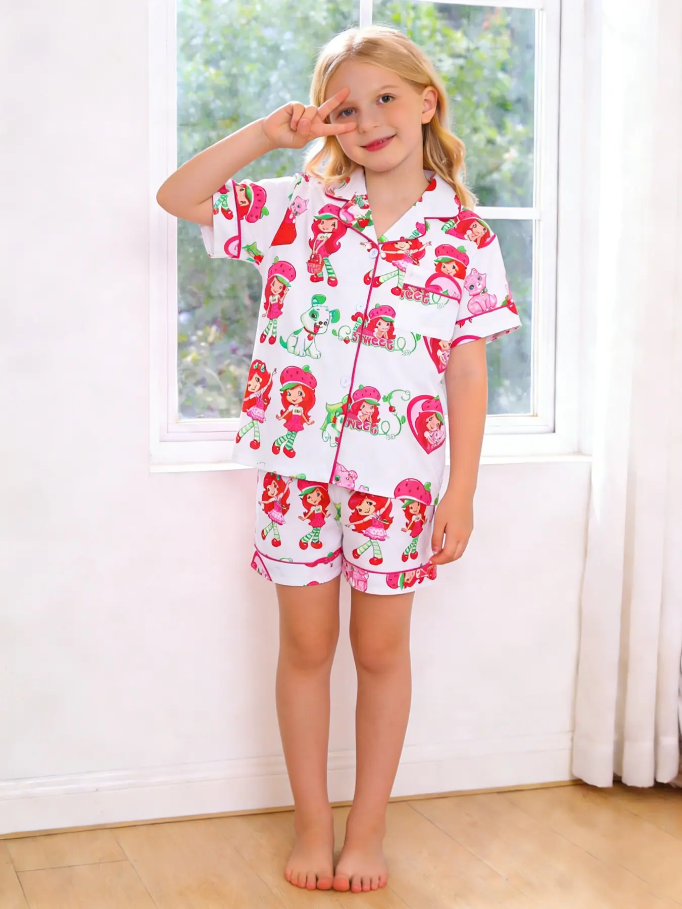 2-Piece Kids' White Base Strawberry Girl Dog Cartoon Print Short Sleeve Shorts Soft Comfortable Collar Design Top Small Pocket Elastic Waistband Daily Home Pajama Set Elastic Waist Pajamas Print Sleepwear