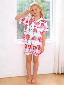 2-Piece Kids' White Base Strawberry Girl Dog Cartoon Print Fruit Print Pajamas Short Sleeve Shorts Soft Comfortable Collar Design Top Small Pocket Elastic Waistband Daily Home Pajama Set