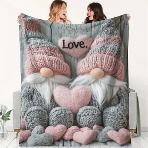 Cute Knitted Gnomes Decorative Throw Blanket, Soft Flannel Blanket with Heart Shapes, Ideal for Home Decor, Camping Trips, Office Warmth, Perfect Gift for Loved Ones, Heart Shaped Blanket