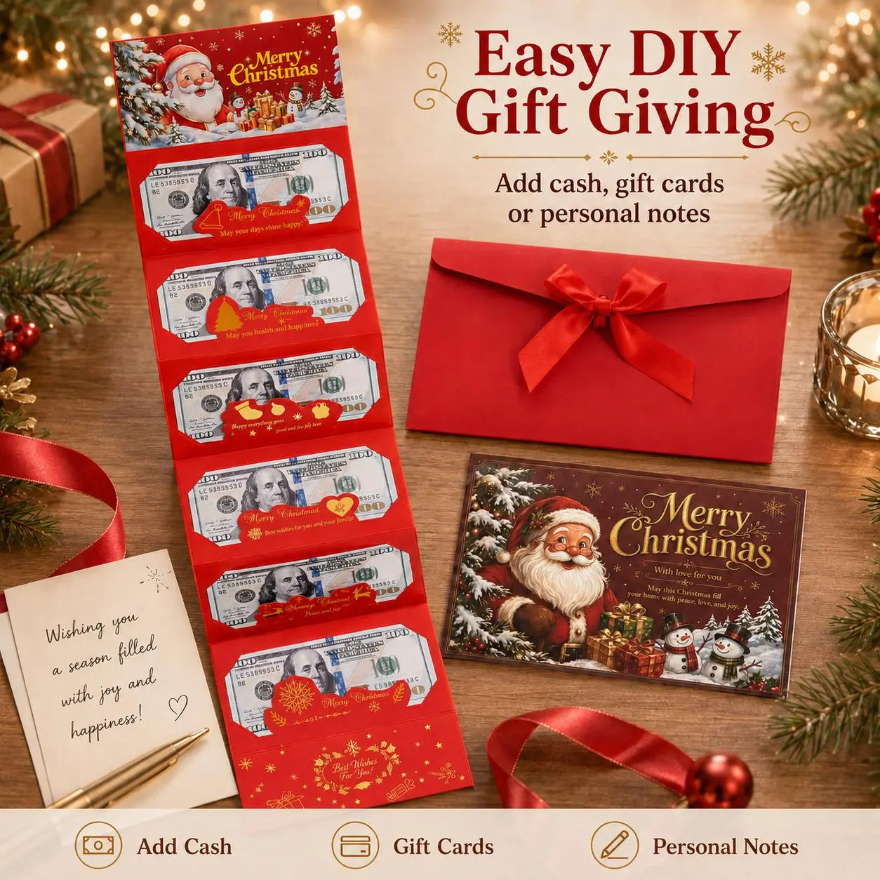 1/2/4P Christmas Money Holders for Cash (2 Styles), Christmas Cash Gift with Envelopes 6 Slots,Surprise Money Envelopes Xmas Gift Card For Men Women Girls Boys for Anniversary Holiday Christmas Party Supplies