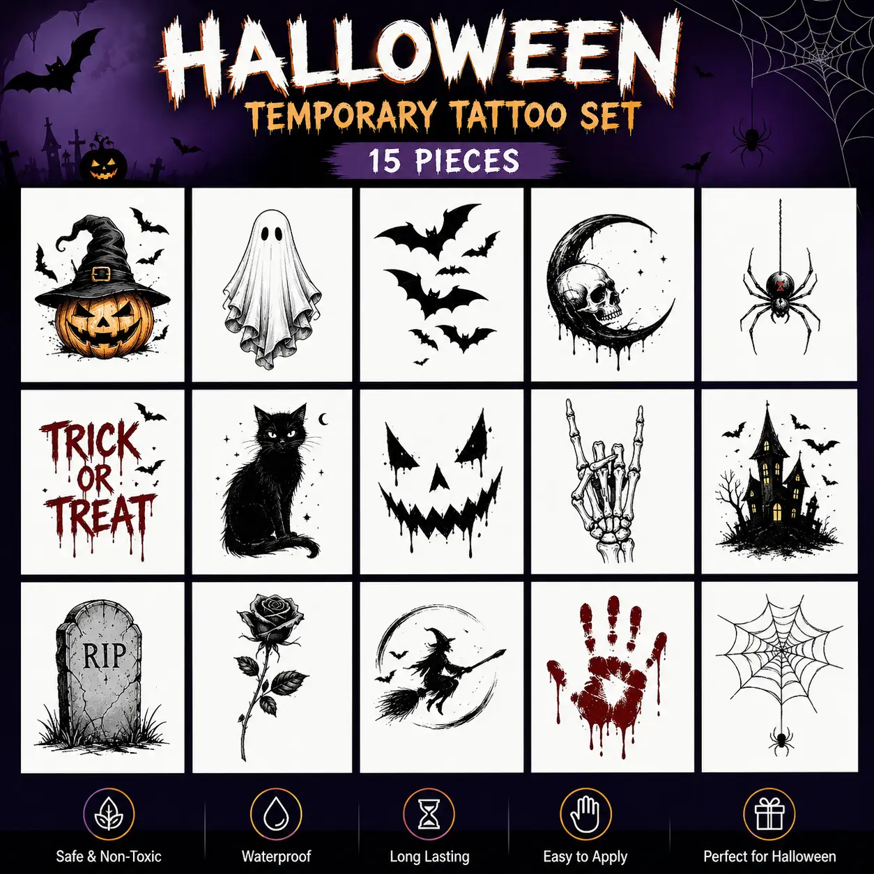 Halloween Temporary Tattoo Set, 15 Pieces, Spooky Halloween Tattoos for Adults & Kids, Pumpkin Ghost Bat Witch Skeleton Temporary Body Stickers, Halloween Party Costume Accessories