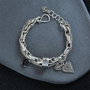 925 Sterling Silver Bracelets for Women and Men, Vintage Charm String Accessories with Heart and Cross Shaped Pendant, Classic Stackable Bracelet Design, Delicate Fashion Jewellery Suitable for Daily Matching, Party Styling and Holiday Gifting