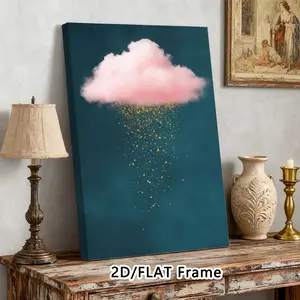 Framed Cloud with Golden Rain Canvas Wall Art, Whimsical & Pastel Print, Dreamy Summer Vibes, Bedroom & Living Room Decor