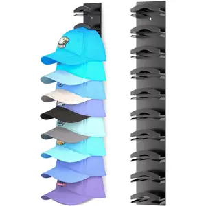 Hat Organizer for Baseball Caps with Strong Adhesive Hold up to 10 Hats Multilayer Display for Door Closet Cap Storage Solution in Black Plastic