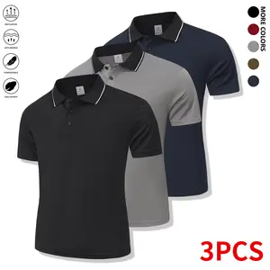 3-piece set: casual men’s short-sleeve polo shirt, quick-dry golf and tennis shirts, comfortable riding apparel, fashionable men’s sportswear; suitable for casual gatherings, vacations, and travel; contrast design at collar and cuffs,summervibes.