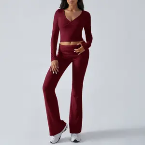 Women's Casual Yoga Outfit Set, Stretch Knit Slim Fit Long Sleeve Top and Flared Pants Two-Piece Set