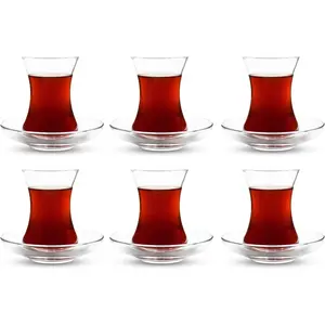 Turkish Tea Glass Set with Slim Waist Design & Thick Sole 125cc Volume 6 Glasses & 6 Saucers Dishwasher Safe Classic Style for 6 People