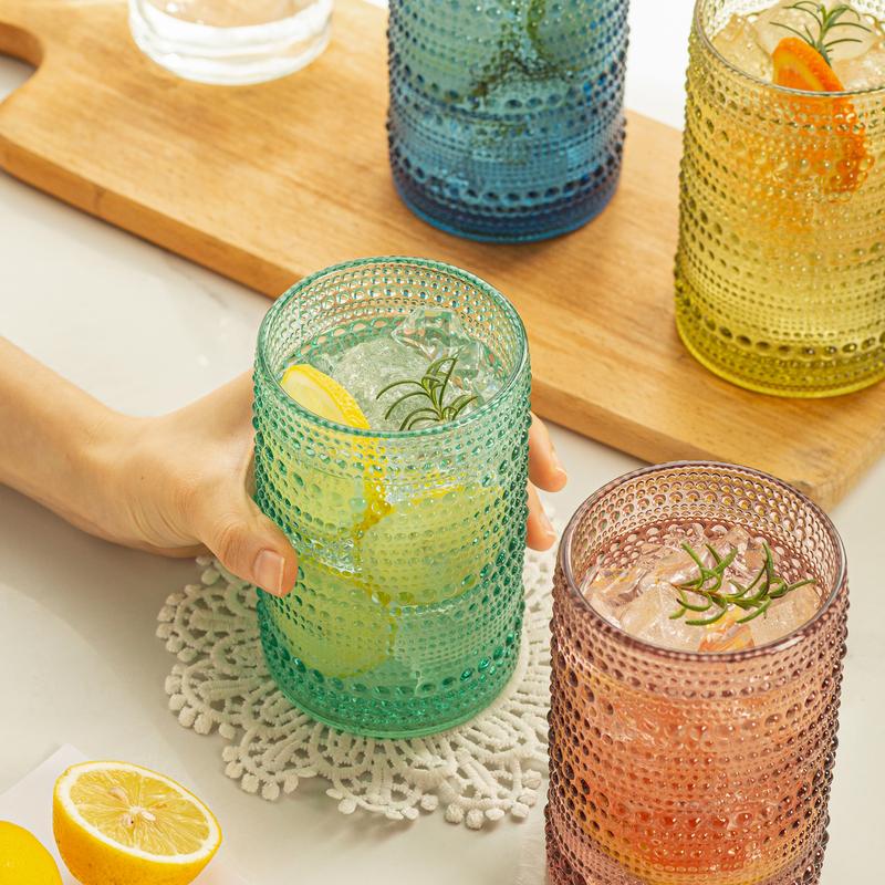 Polidream Vintage Glassware Set - 4pcs Drinkware Multicolor 15.2oz Hobnail Drinking Glasses for Beer, Cocktail, Soda & Juice - Embossed Old Fashioned Glassware with Four Unique Colors   wineglass anthropologie  juice