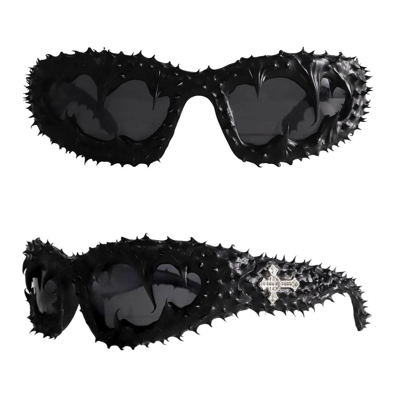 Edgy Spiked Wraparound Sunglasses - Brutalist Textured Frame with Bling Cross Embellishments, UV400 Shades Perfect for Cyberpunk Alt Girl Aesthetic and Festival Statement Looks