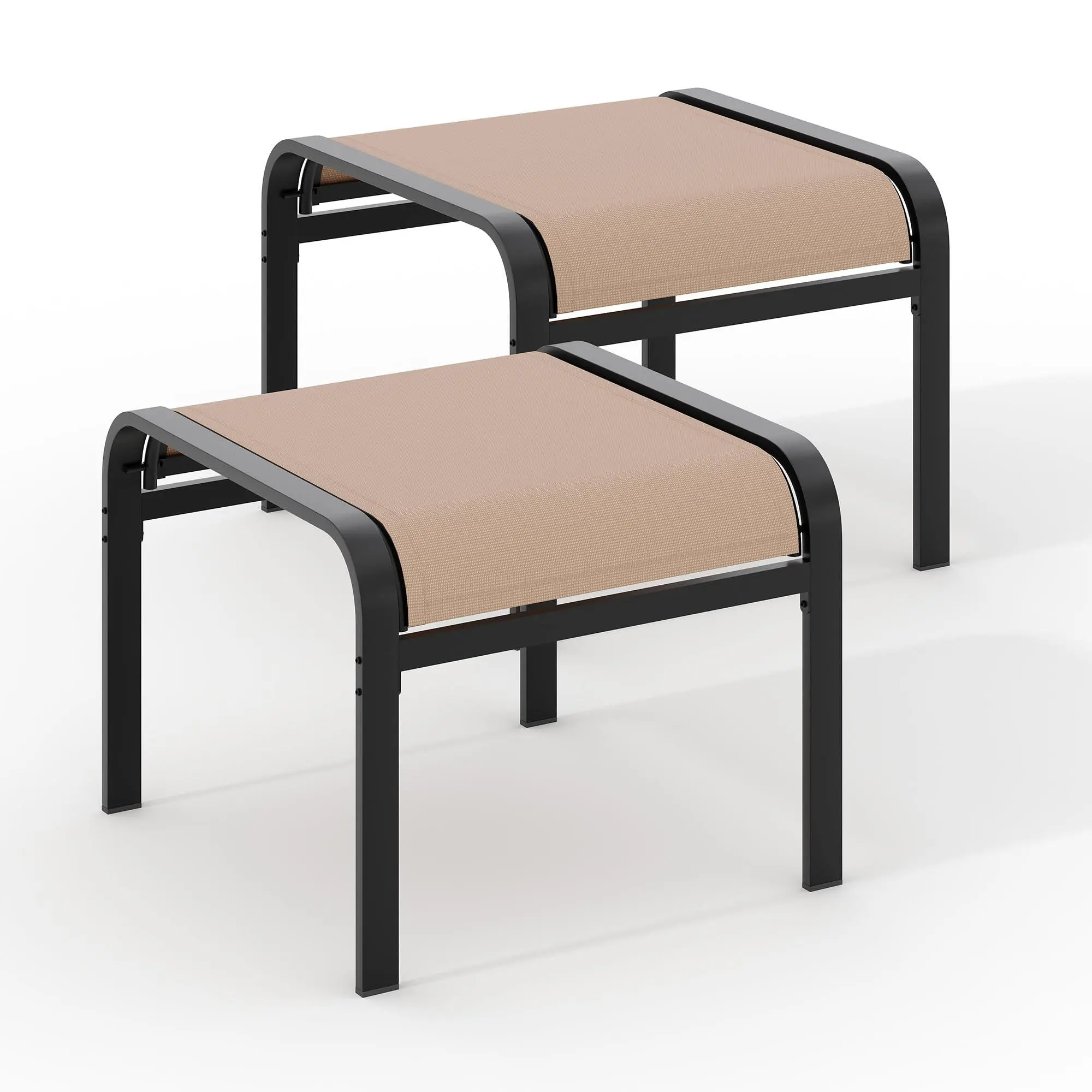Outdoor Ottoman Set of 2, Ottoman Foot Rest with Textile Fabric, Metal Frame, No-Slip Feet, Stackable Stools for Patio Garden Pool, Khaki