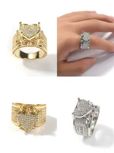 【PANG Jewelry】Hip-Hop Micro-Inlaid Zircon Heart Ring, Heavy Design Sense, Full Diamond Retro Ring  Trendy New Accessory Cubic Zirconia Gemstone